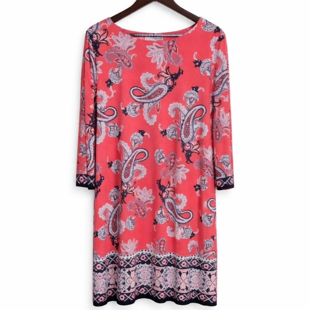 Studio One New York Salmon & Navy Paisley Spandex Blend Pullover Dress Sz XL
